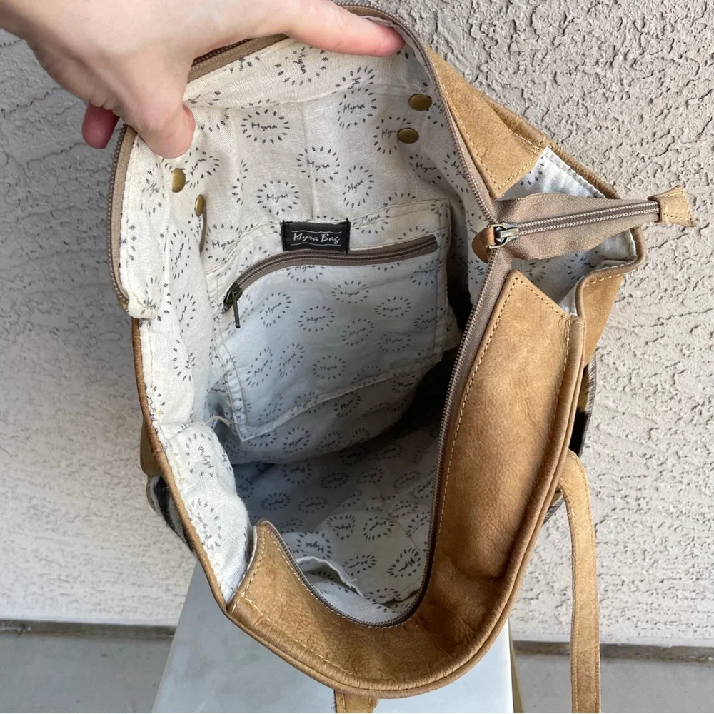 MYRA BAG Tan White Brown Cowhide Cow Print Calf Hair Genuine Leather Tote Bag